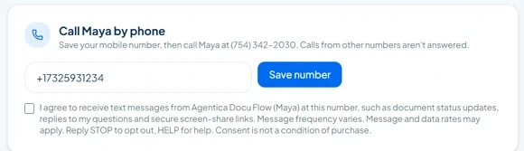 Close-up of the SMS consent checkbox and disclosure text in Agentica Docu Flow