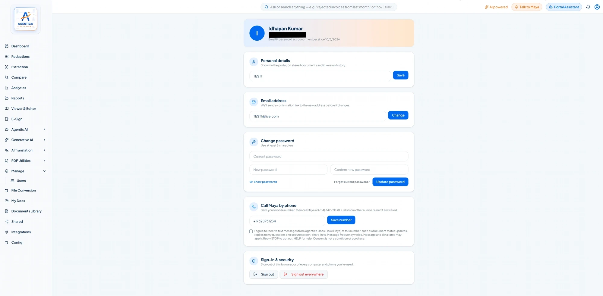 Agentica Docu Flow account settings page showing the 'Call Maya by phone' card with an unchecked-by-default SMS consent checkbox